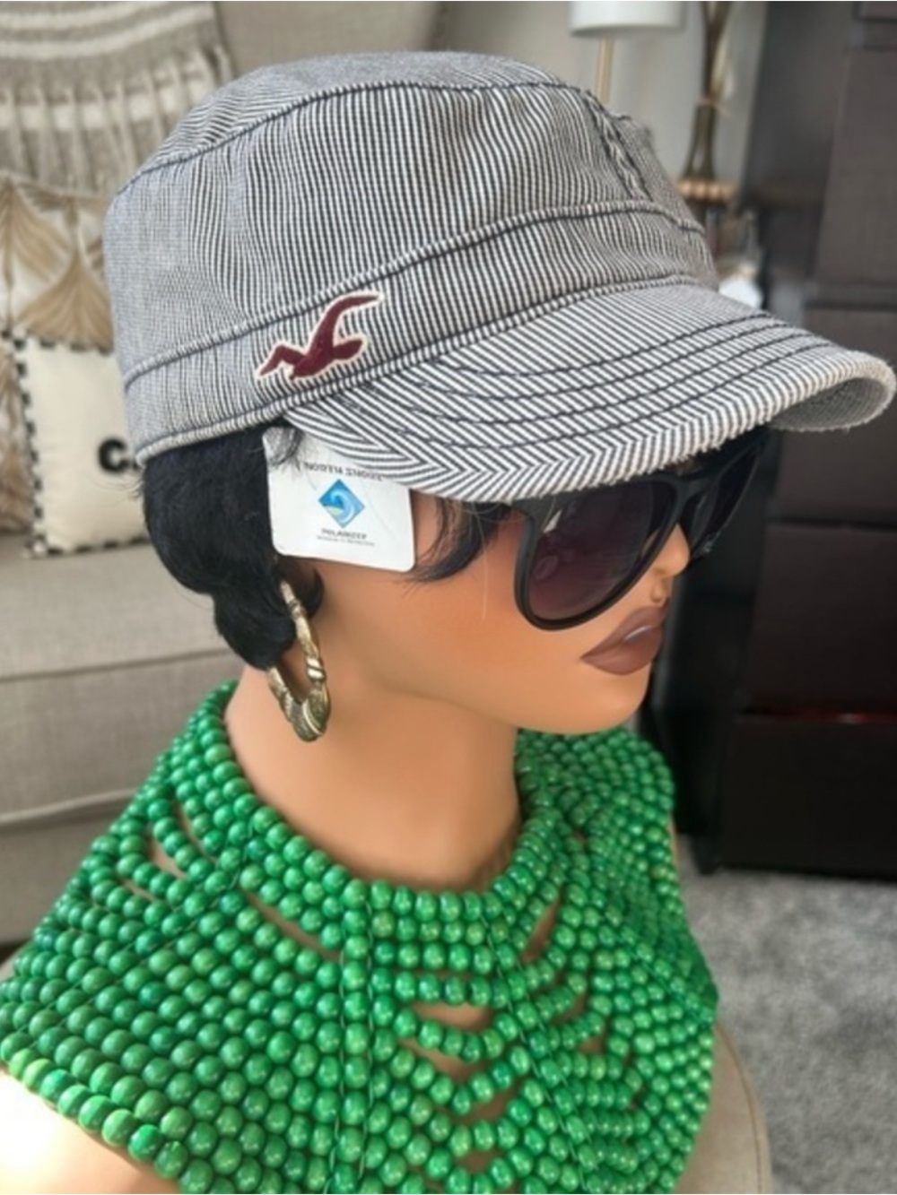 🌸 Hollister Striped Black & White Cadet Cap with Maroon Logo